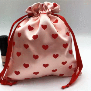 Cute Loving Heart Printing Silk Satin Fashion Boutique Drawstring Bag Pink Satin Cosmetics Bag With Satin Lining